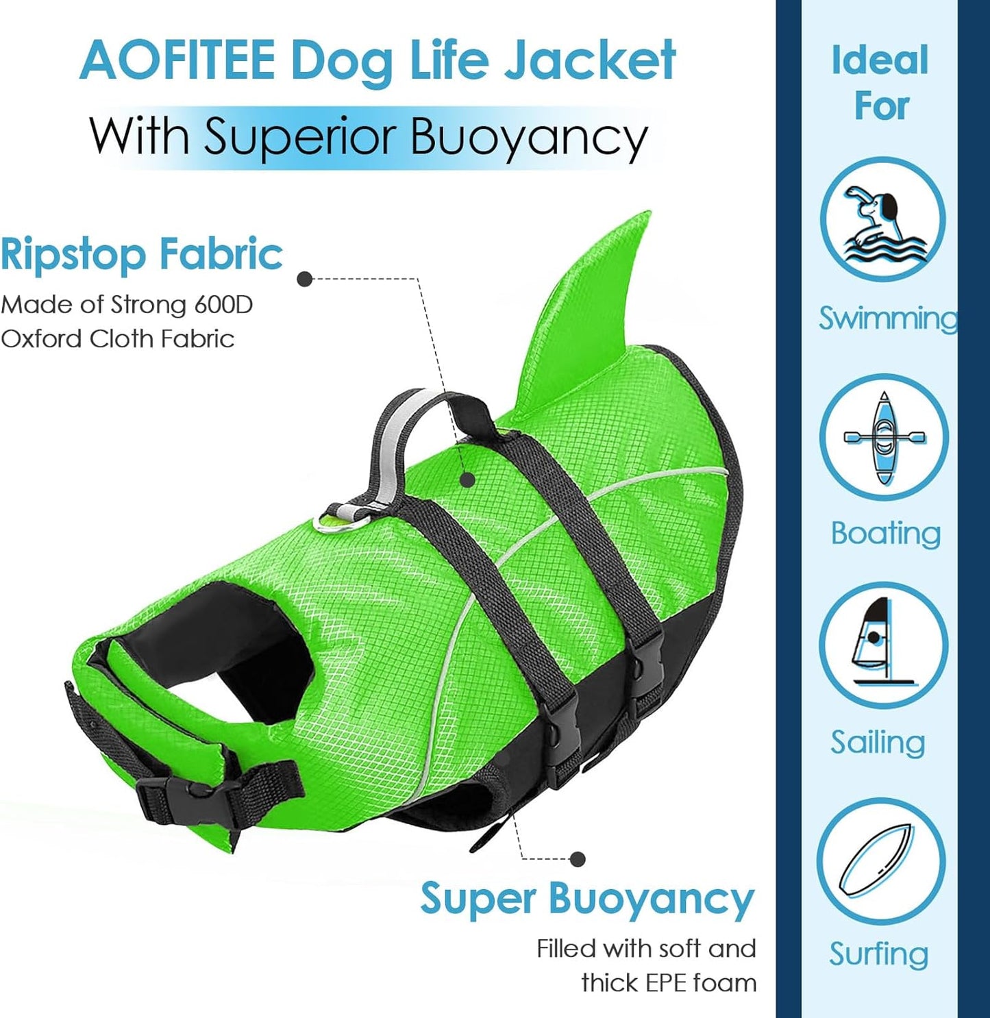 Dog Life Jacket Ripstop Dog Life Vest, Reflective Dog Safety Vest for Boating Swimming, Dog Shark Life Jackets Dog Lifesaver with Rescue Handle for Small Medium Dogs